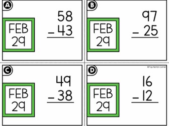 Leap Day Year 2024 2 Digit Subtraction without Regrouping Task Cards