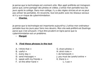 GSCE French - technology and social media reading comprehension (with answers)
