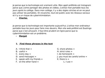 GSCE French - technology and social media reading comprehension (with answers)