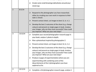 Weekly planner for A Level Photography ESA