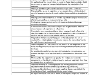 WJEC  A Level Physics - The Physics of Sport Definitions Task