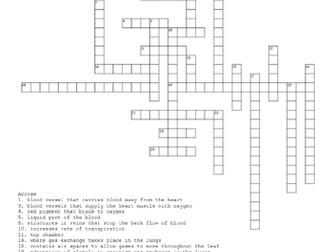 Crossword of key words in 2.5 and 2.6 National 5 Biology.