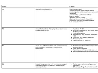 BTEC Business Unit 27 Work Experience - Merit & Distinction grid