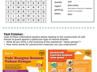 My Home Word Search & Solution "Terbuat Dari" Indonesian Ages 12 - 15 Materials to Build  a House