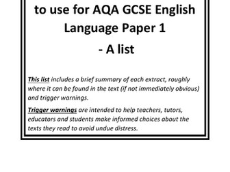 25 tried and tested extracts to use for AQA GCSE English Language Paper 1 - A list