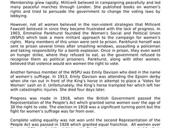 Suffragettes: The Campaign for the right to votes Year 6 Reading Comprehension