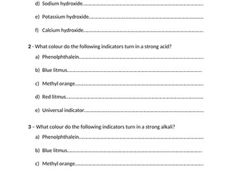 Acids, Alkalis, Indicator Colours and Formulae