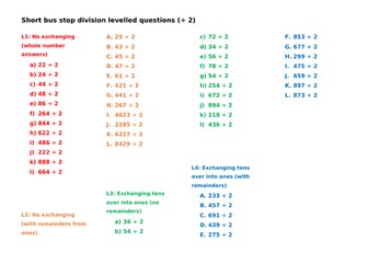 Short bus stop division - levelled questions