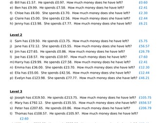 Money subtraction worded problems with consistent wording