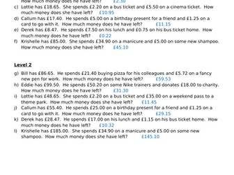 Money + - worded problems (decimals)