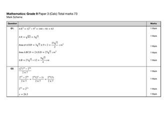 Level 9 Maths Exam Paper 3: Mark Scheme