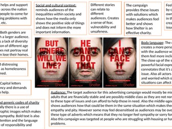 Annotations for the 'Shelter' advertisement for OCR A level Media Studies