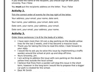Letter writing recap resource sheet