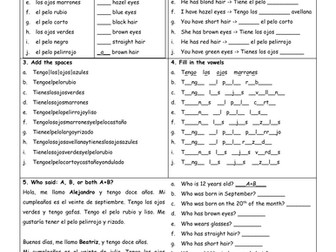 Spanish descriptions tener & ser revision worksheet