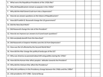 Year 12 In Search of the American Dream Revision Checklist