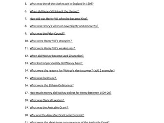 Henry VIII and Wolsey Big Quiz