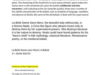 Write an A* analysis of "La Belle Dame Sans Merci" GCSE ENGLISH LITERATURE