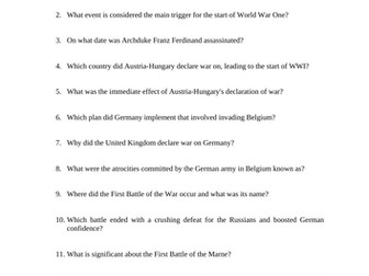 Outbreak of War 1914 Video Viewing Questions Worksheet