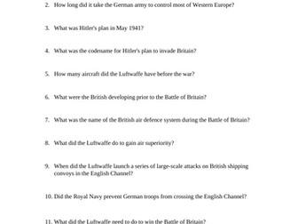 Battle of Britain Reading Questions Worksheet