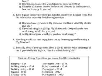 Worksheet: Energy from Food