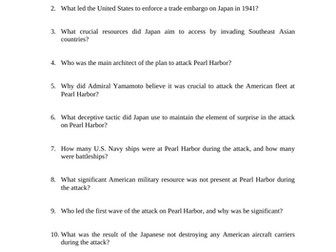 Attack on Pearl Harbor Reading Questions Worksheet