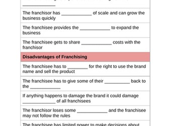 GCSE Business Franchising Missing Words Worksheet