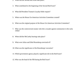 The Second Red Scare Reading Questions Worksheet