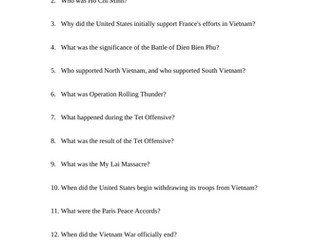 Overview of the Vietnam War Reading Questions Worksheet