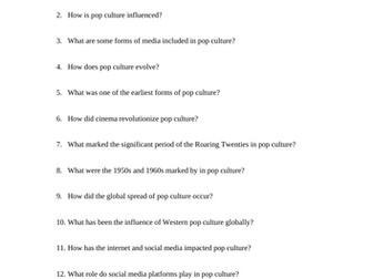 Introduction to Pop Culture Reading Questions Worksheet