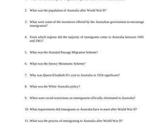 Australian Post-War Immigration Reading Questions Worksheet