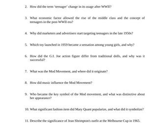 1960s Fads and Fashions Reading Questions Worksheet
