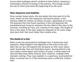 Life Cycle of Stars Comprehension