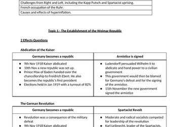 GCSE Germany Revision Notes - Topic 1 The creation of the Weimar Republic and its problems 1918-1923