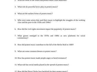 History of Protest Music Reading Questions Worksheet