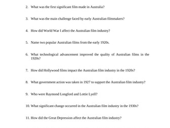History of Australian Film Reading Questions Worksheet