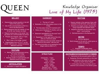 QUEEN - AQA GCSE Music Set Works Knowledge Organisers and Analysis