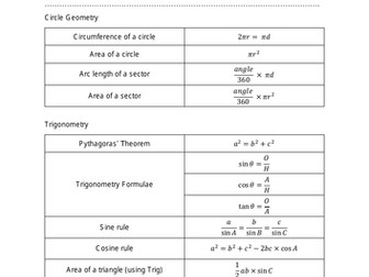 OCR GCSE Maths Formulae Sheet