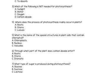 Photosynthesis Multiple Choice