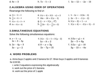 KS2 Mathematics - Algebra Worksheet with answers