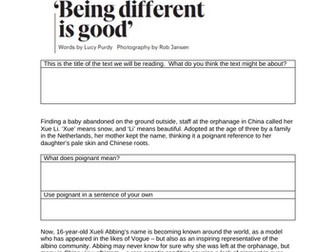 Non Fiction Comprehension KS3 / KS4 Being different is good Analysis and Writing  Xue Li Supermodel