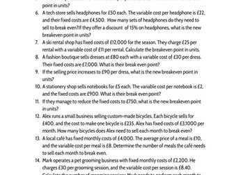 Breakeven Question Bank Business GCSE A Level BTEc Level 3