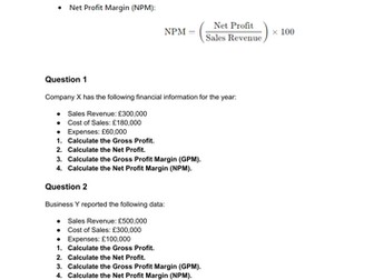 Business Gross Net profit Margin Worksheet Activity GCSE A Level BTEC Level 3