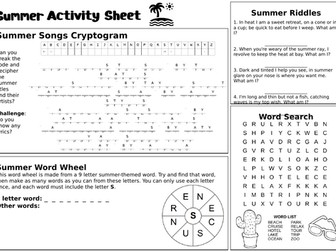 Summer Activity Quiz/Brain-Teaser Sheet