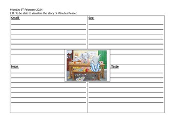 Senses worksheet linking to 'Five Minutes Peace'