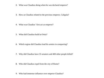 Emperor Claudius Reading Questions Worksheet