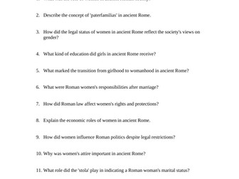 Women in Ancient Rome Reading Questions Worksheet