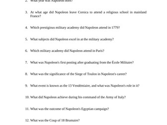 Rise and Fall of Napoleon Bonaparte Reading Questions Worksheet
