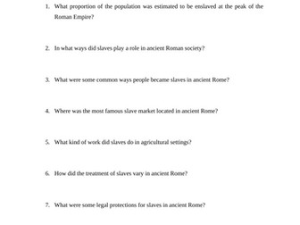 Roman Slavery Reading Questions Worksheet