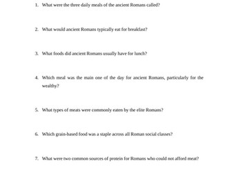 Roman Food and Diet Reading Questions Worksheet