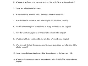 The Fall of Rome Reading Questions Worksheet